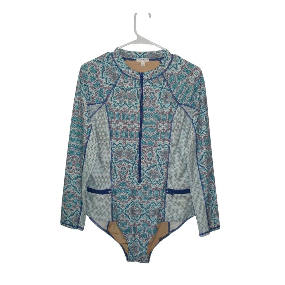 Cabana Life Swimsuit Large One Piece Long Sleeve Zip Front White and Blue Summer